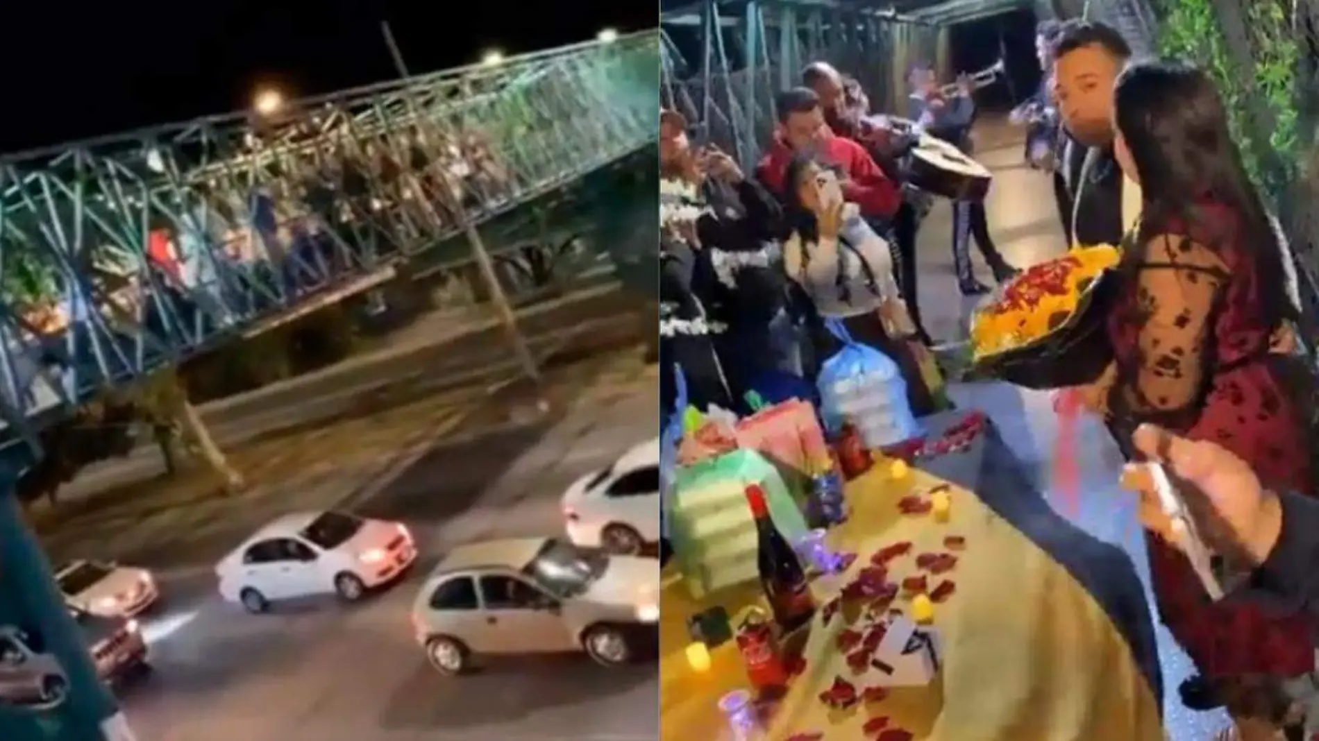 Grupo de personas celebran cumpleaños en un puente peatonal